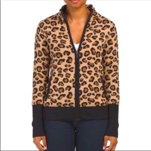 Rachel Zoe leopard print zip up jacket knit pocket black trim ribbed size medium
